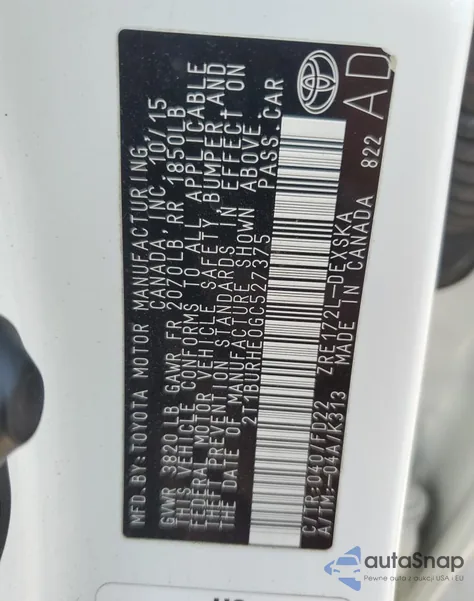 2016 Toyota Corolla L из США, поврежденный, VIN 2T1BURHE0GC527375